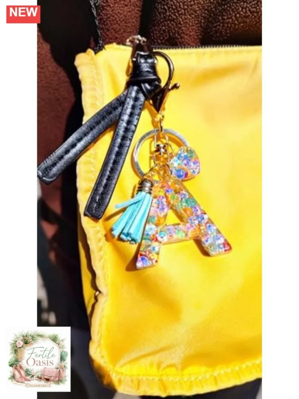 Initial Letter Keychain with Heart Charm and Tassel, Resin and Metal, Cute Gift